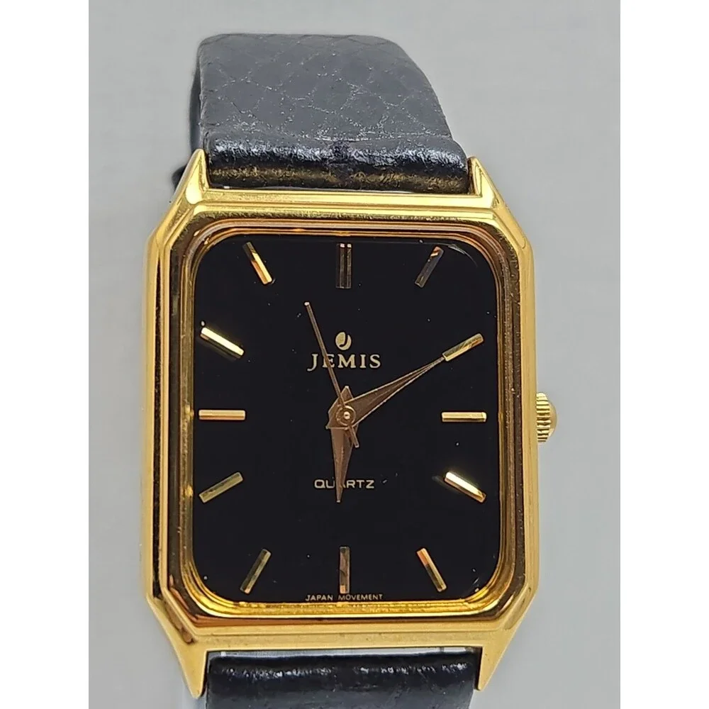 Vintage Jemis by Seiko 27mm Tank Dress Watch Black Dial Gold Tone New Battery